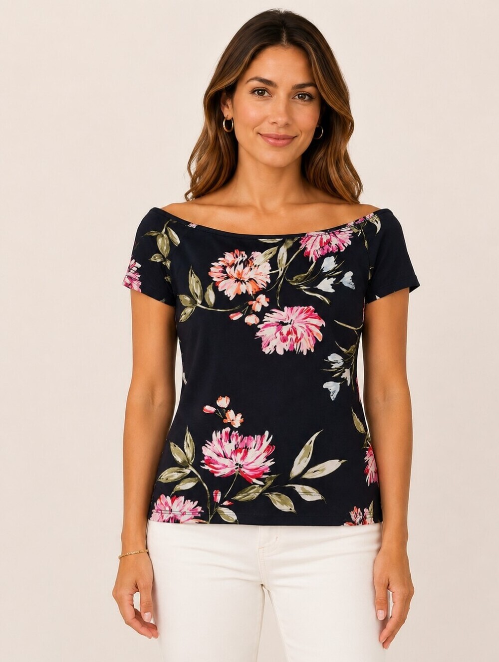 Dynamite Floral Off The Shoulder Short Sleeve Top Medium Navy Blue Coquette